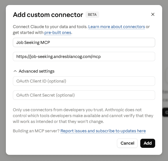 Claude custom connector setup screen for the Job Seeking MCP